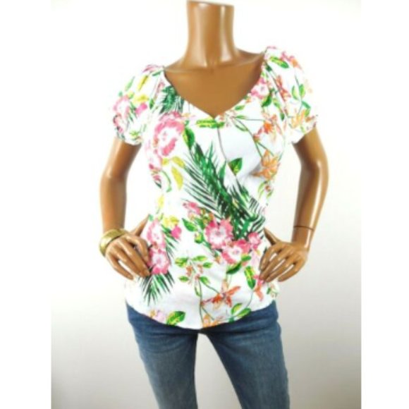 NEW YORK & CO Top M NWT White Floral On & Off the Shoulder Wrap Blouse Tie Waist - Picture 2 of 13